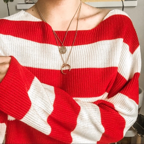 H&M Sweaters - H&M RED & WHITE STRIPED OFF THE SHOULDER SWEATER